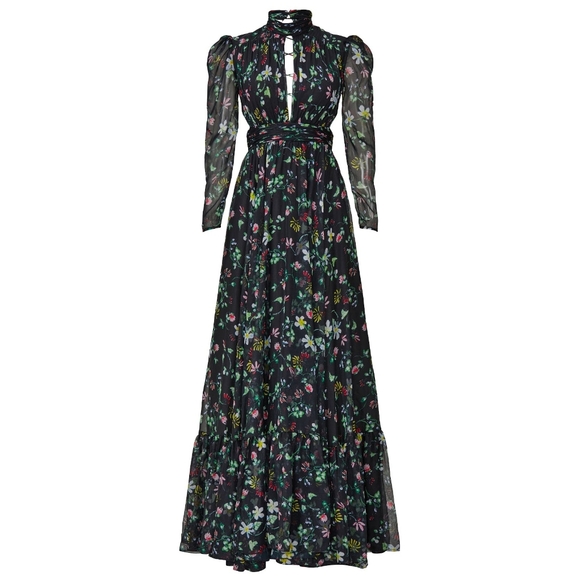 Mac Duggal Floral Indy A-Line Ruffled Back-Lace Up Chiffon Dark Gown - Picture 3 of 7